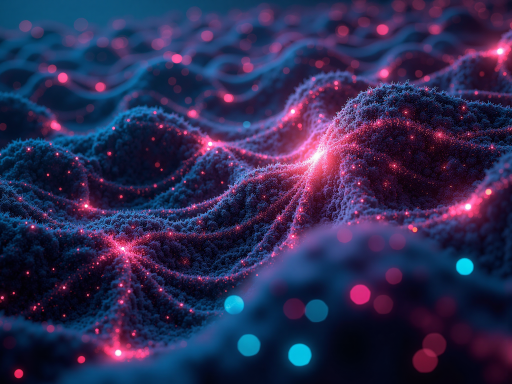 Neural network visualization with interconnected nodes, blue and purple color scheme, abstract digital art style